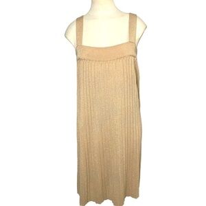 Gold Metallic Pleated Midi Dress Tight Knit Festive Relax fit Shoulder Staps L